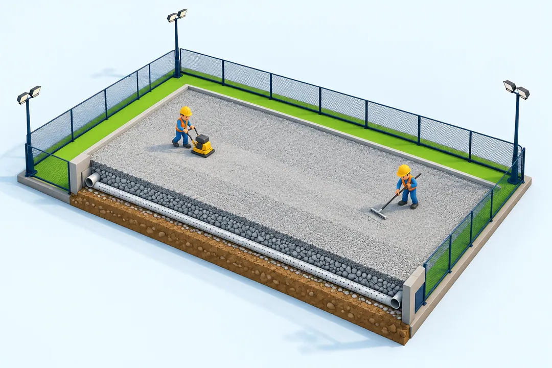 Corte ilustrativo da base e da drenagem de uma quadra em construção.
