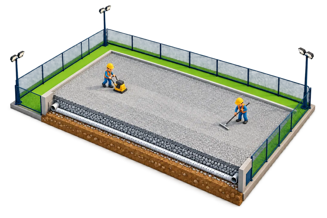 Corte ilustrativo da base e da drenagem de uma quadra em construção.