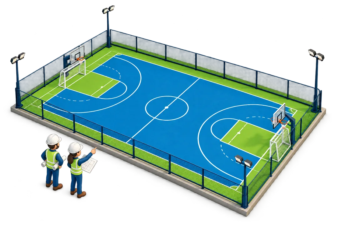 Maquete ilustrada de quadra finalizada, com demarcação e equipamentos.