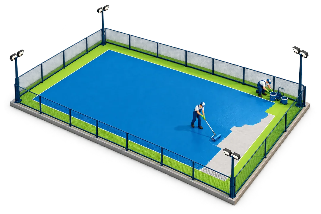 Ilustração da aplicação do revestimento azul de uma quadra esportiva.