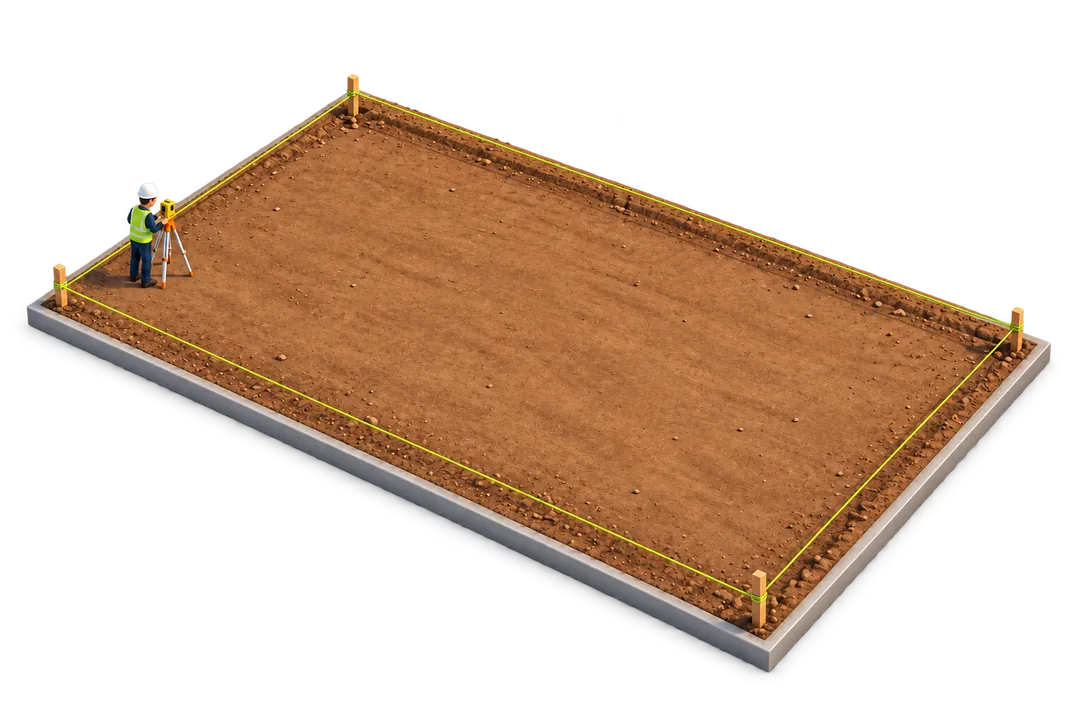 Ilustração da preparação e conferência de um terreno para receber uma quadra.