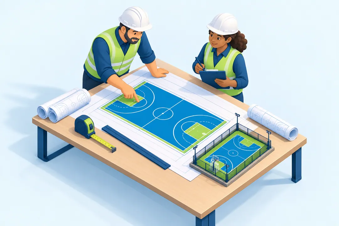 Ilustração de profissionais planejando um espaço esportivo com planta e maquete.