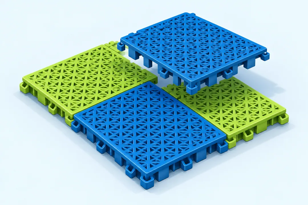 Detalhe ilustrativo do encaixe entre placas de piso modular esportivo.